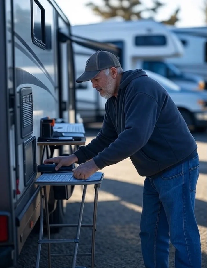 A1 RV Buyer Man Near RV – Sell Your RV Fast in San Bernardino, Riverside, LA, San Diego Counties & More - A1 RV Buyer A1 RV Buyer man near RV performing maintenance checks – We buy all RVs in every county: San Bernardino County, Riverside County, Los Angeles County, San Diego County, Orange County, Ventura County, Kern County.